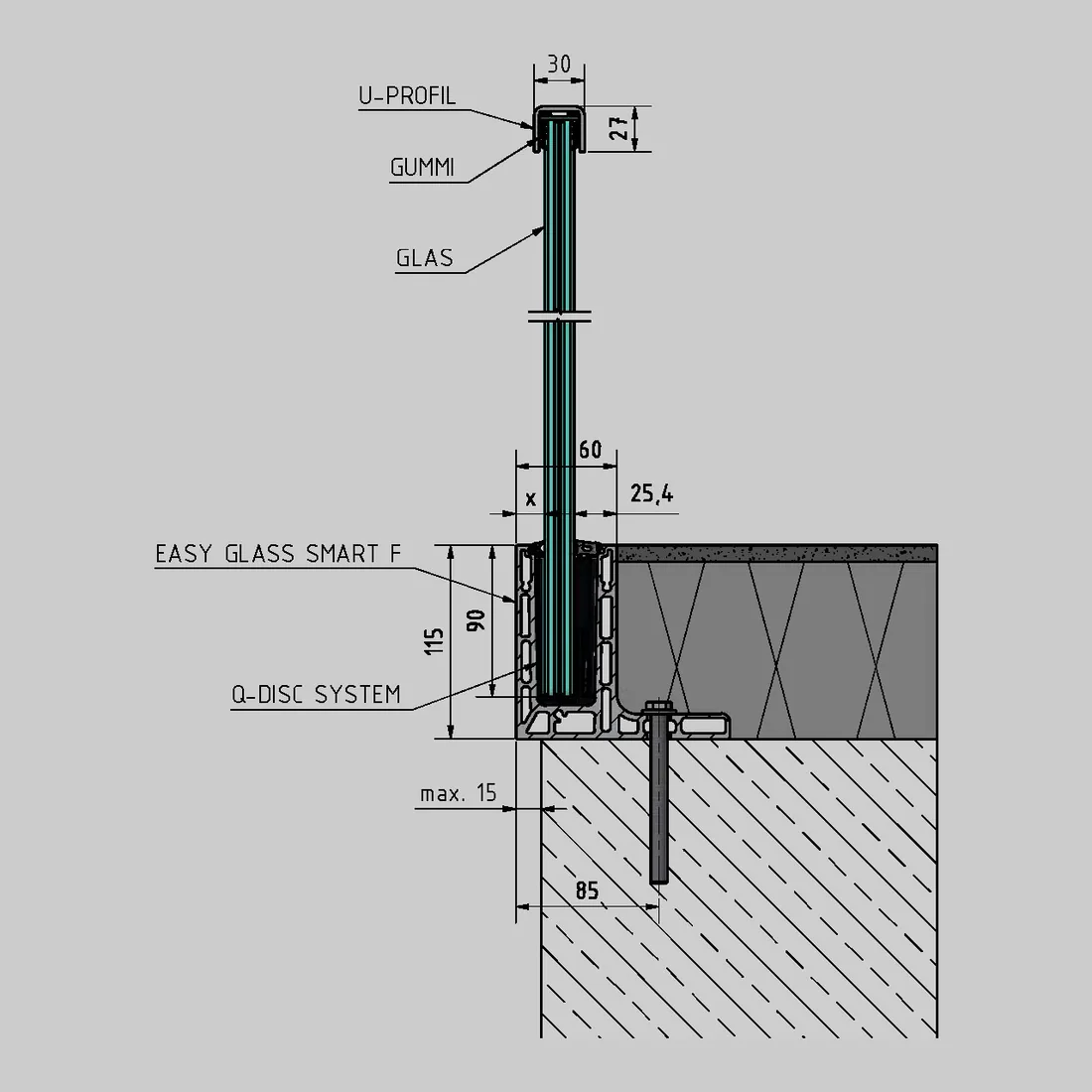 Detail Bodenmontage der Glasgeländer mit F-Profil auf Beton