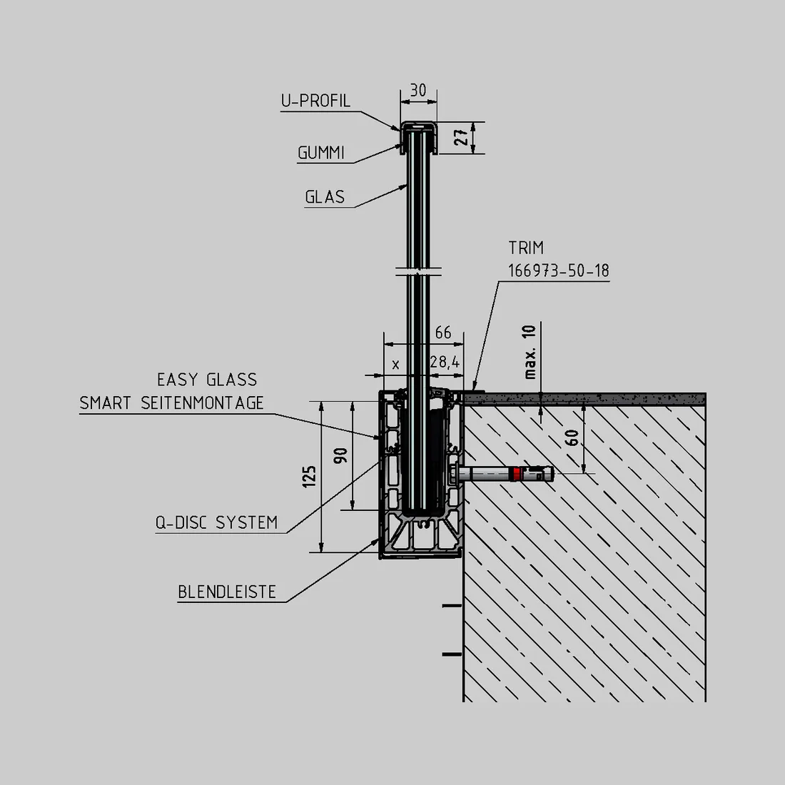 Detail Seitenmontage der Glasgeländer mit U-Profil an einer Betonplatte