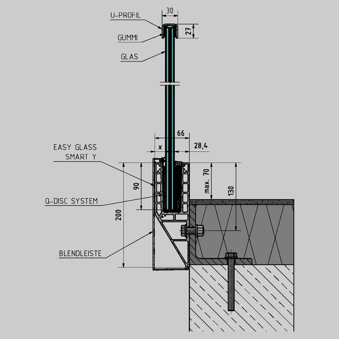 Detail Seitenmontage der Glasgeländer mit Y-Profil und Bodenaufbau